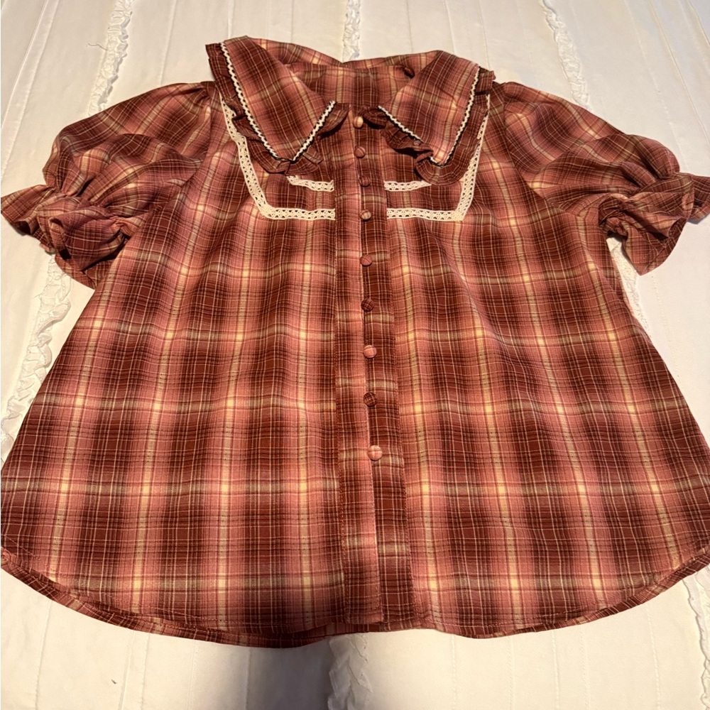 SHEIN Rust Plaid Button-Up Top
